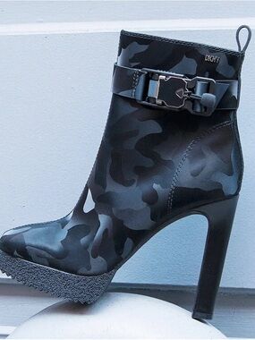 DKNY Black & Gray Camo Buckle High-Heel Ankle Boots